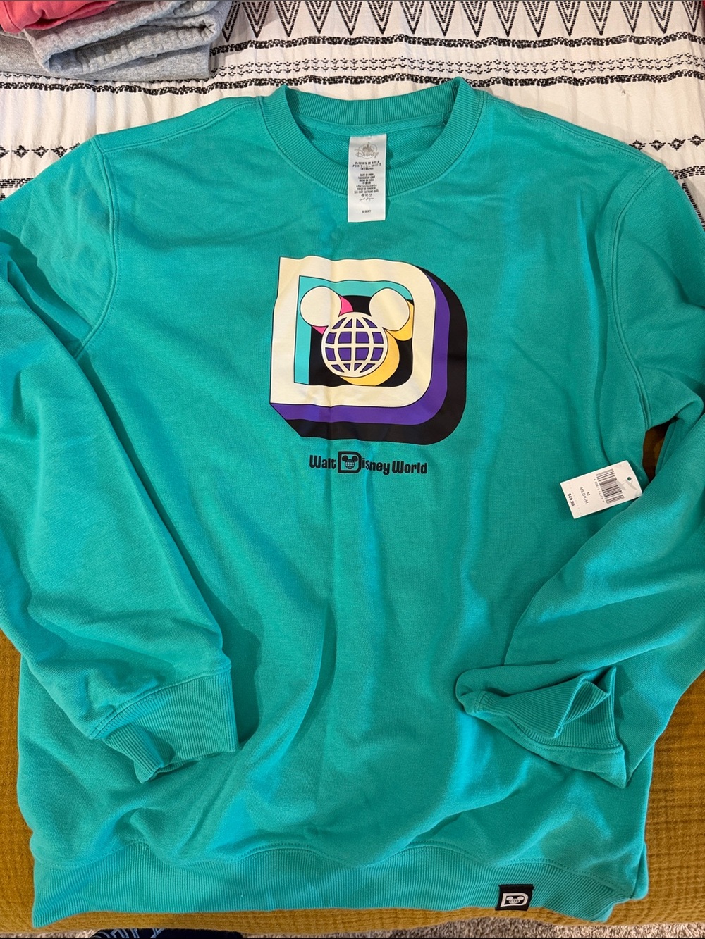 Disney Teal Sweatshirt with Retro Globe Mickey Graphic- NWT- Throwback Teal- Med